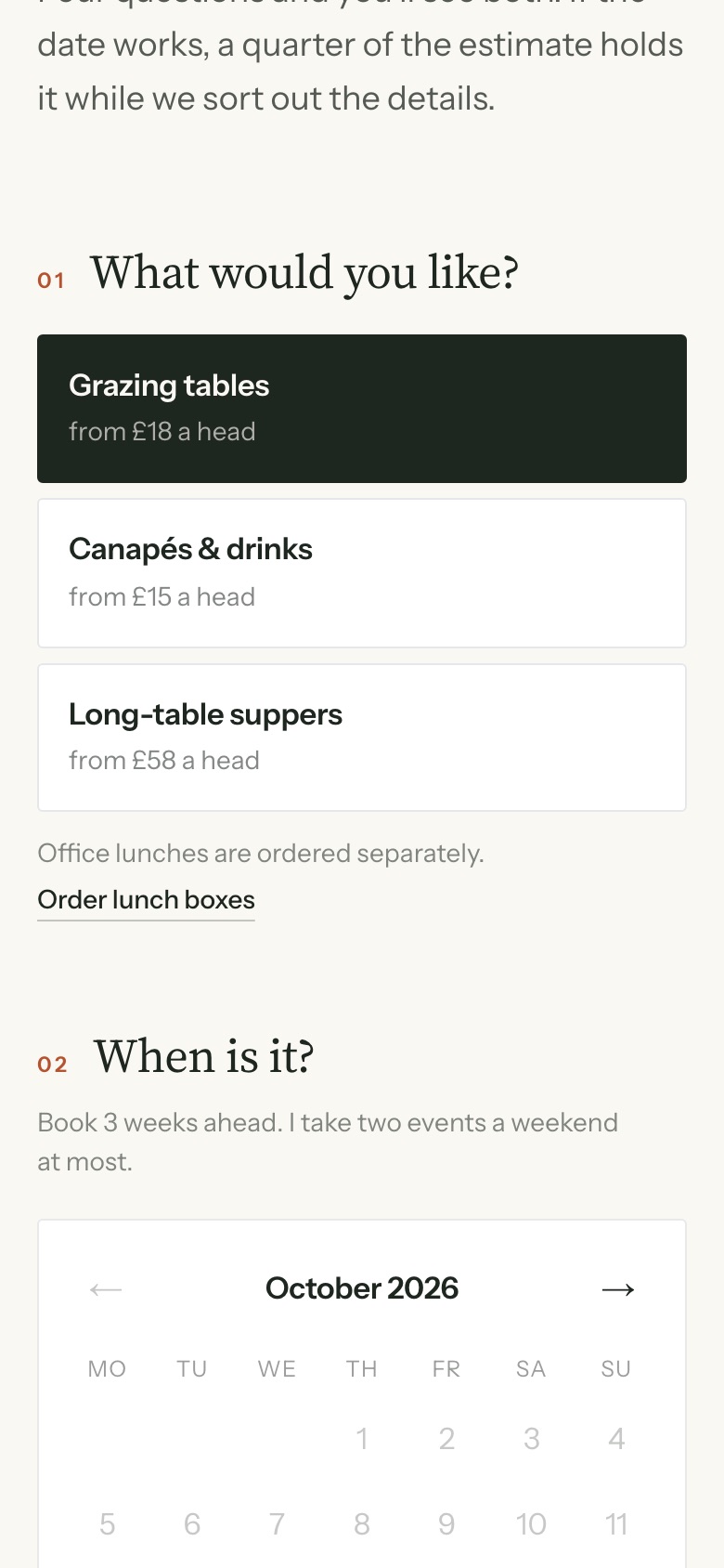 Bea Hollis demo booking page on a phone — service choice and a calendar showing free, last-slot and booked dates