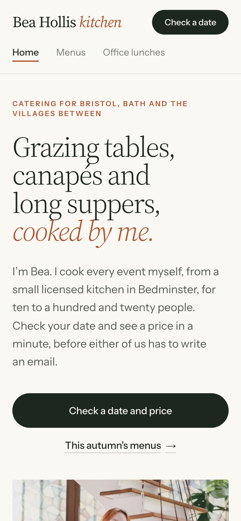 Bea Hollis demo homepage on a phone — the headline "Grazing tables, canapés and long suppers, cooked by me" and a check-a-date button