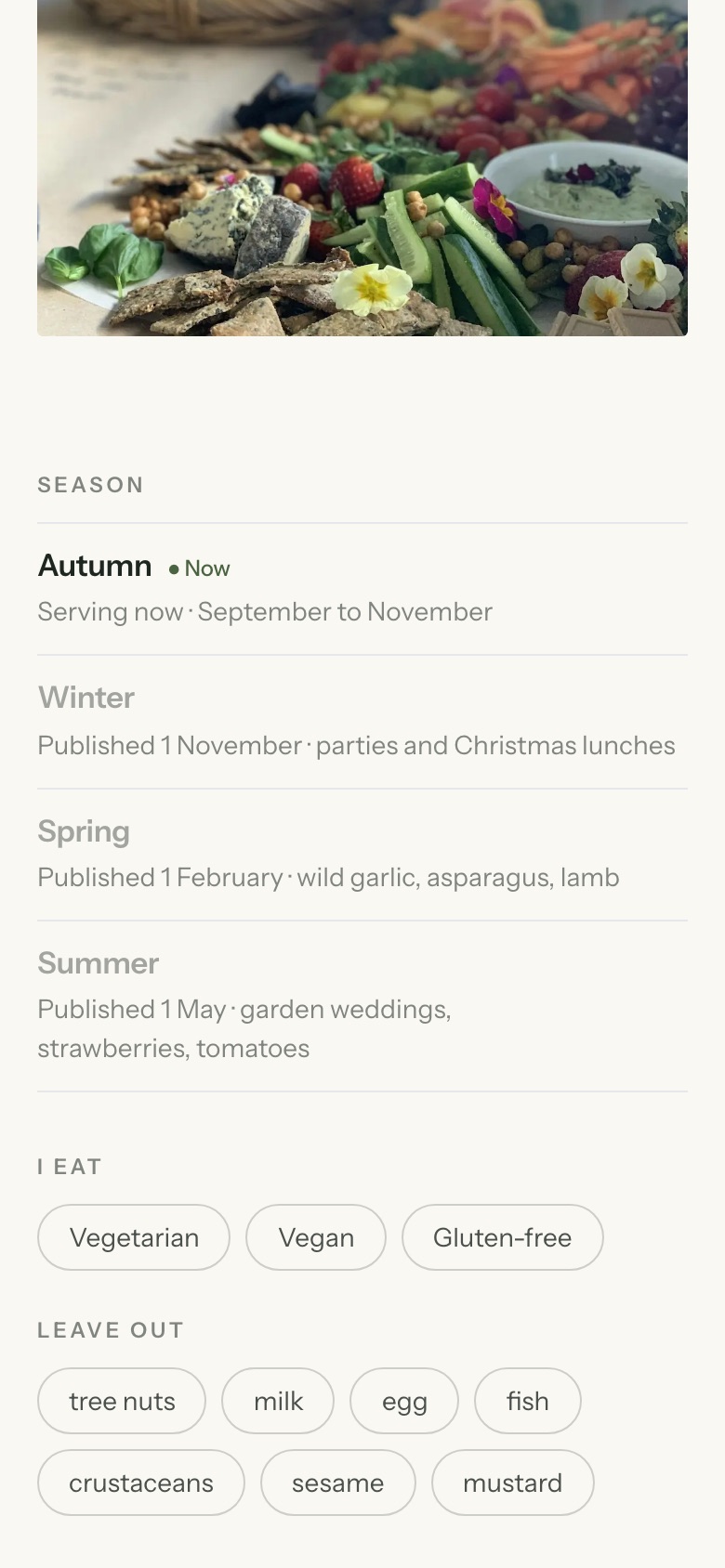 Bea Hollis demo menus page on a phone — season list with vegetarian, vegan and gluten-free filters and allergen chips