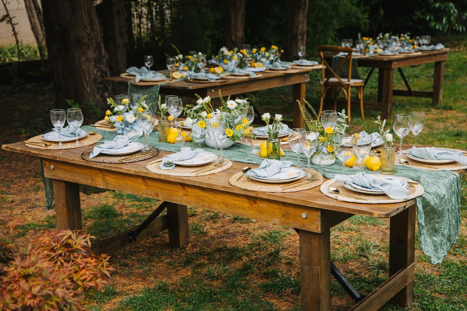 Long tables laid for a garden supper under the trees