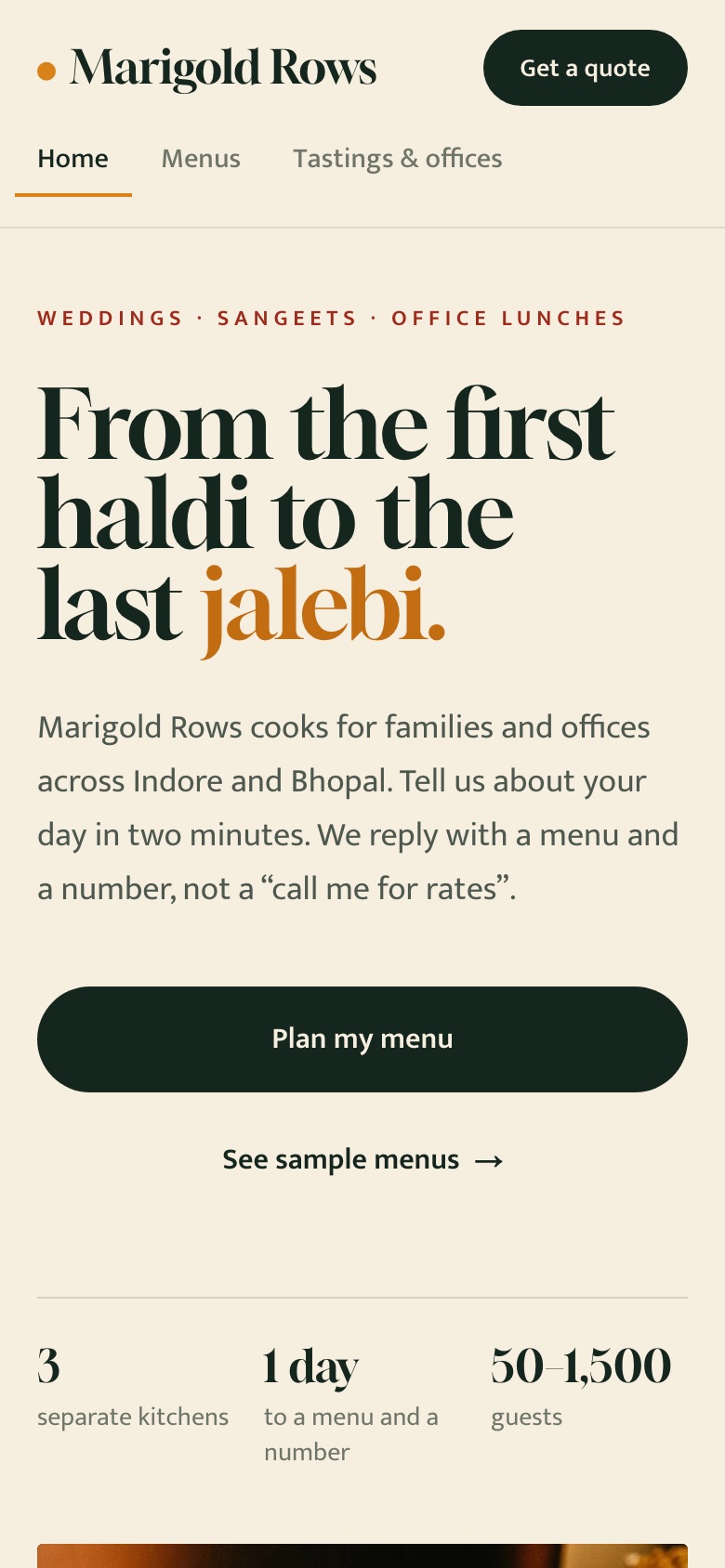 Marigold Rows demo homepage on a phone — the headline "From the first haldi to the last jalebi" over a photograph of a brass wedding buffet