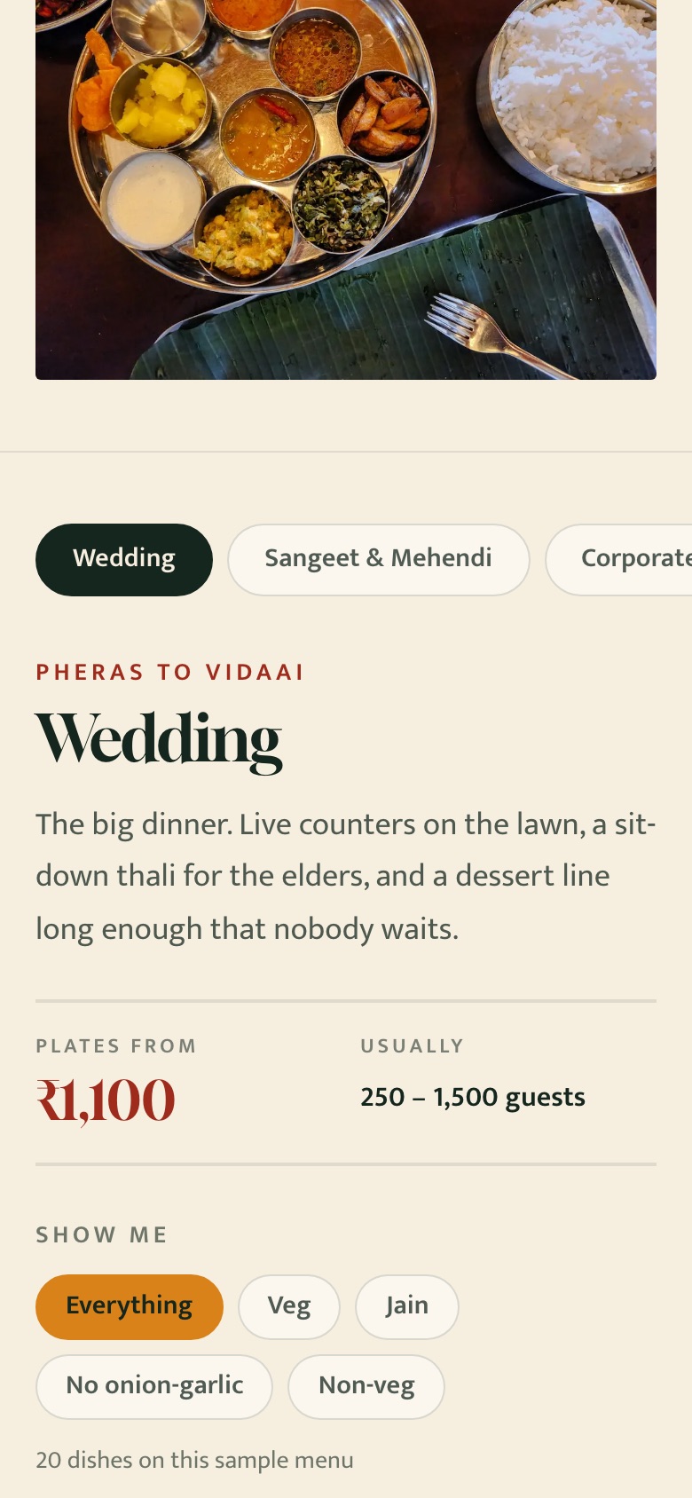 Marigold Rows demo menus page on a phone — occasion tabs, dietary filters and a printed-style sample menu with veg and Jain marks