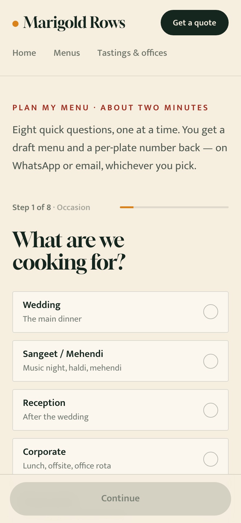 Marigold Rows demo quote flow on a phone — one question per screen with large option cards and a progress line